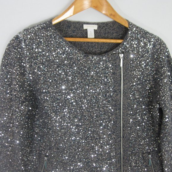 CHICOS 1 Womens Medium Blue Beige LS Silver Sequin Front Zip Wool Blend Sweater - Picture 3 of 11